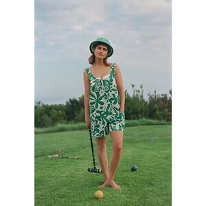 Anthropologie Corey Lynn Calter Romper Tropical Floral Linen Blend Green Size L